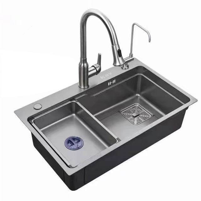FL-A7546 Latest black stainless steel kitchen sink double bowl topmount sink